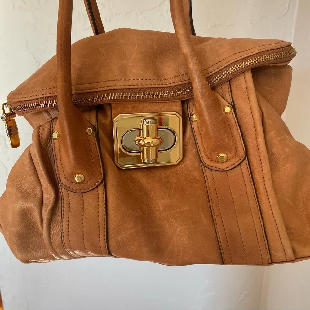 B Makowsky Tan Leather Shoulder Bag Satchel with Gold Accents